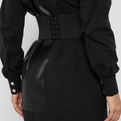 Woman Dresses Half Vegan Leather Shirt Dress - Black