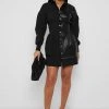 Woman Dresses Half Vegan Leather Shirt Dress - Black
