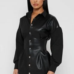 Woman Dresses Half Vegan Leather Shirt Dress - Black
