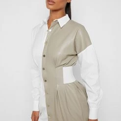 Woman Dresses Half Vegan Leather Shirt Dress - White