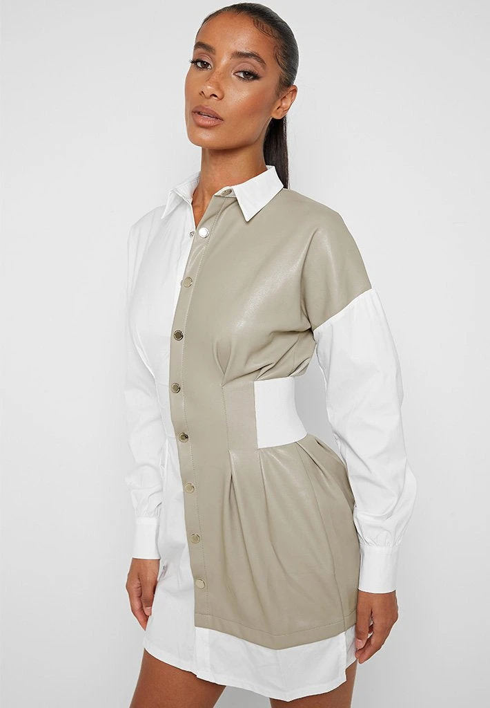 Woman Dresses Half Vegan Leather Shirt Dress - White
