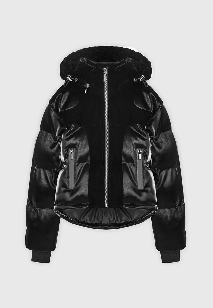 Woman Coats High Shine Velvet Panel Puffer Jacket - Black OUTERWEAR