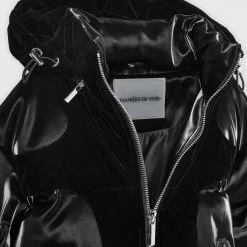 Woman Coats High Shine Velvet Panel Puffer Jacket - Black OUTERWEAR