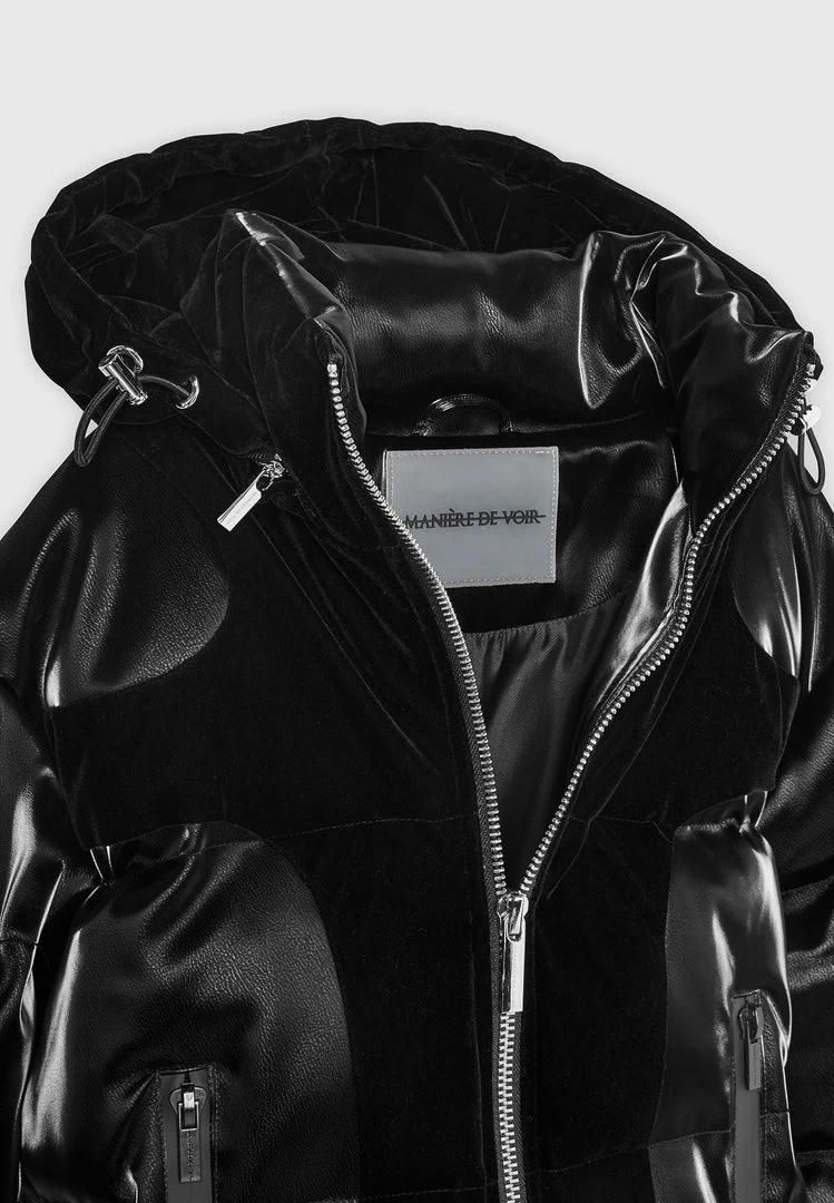 Woman Coats High Shine Velvet Panel Puffer Jacket - Black OUTERWEAR