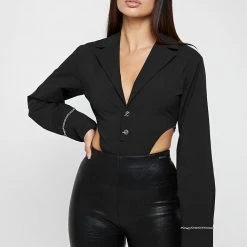 Woman Tops High Leg Blazer Bodysuit - Black BODYSUITS