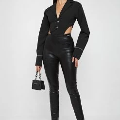 Woman Tops High Leg Blazer Bodysuit - Black BODYSUITS