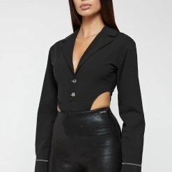 Woman Tops High Leg Blazer Bodysuit - Black BODYSUITS
