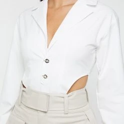 Woman Tops High Leg Blazer Bodysuit - White BODYSUITS