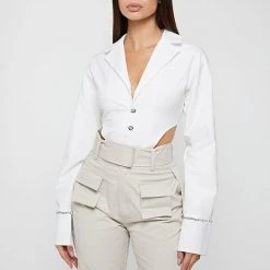 Woman Tops High Leg Blazer Bodysuit - White BODYSUITS