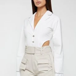 Woman Tops High Leg Blazer Bodysuit - White BODYSUITS