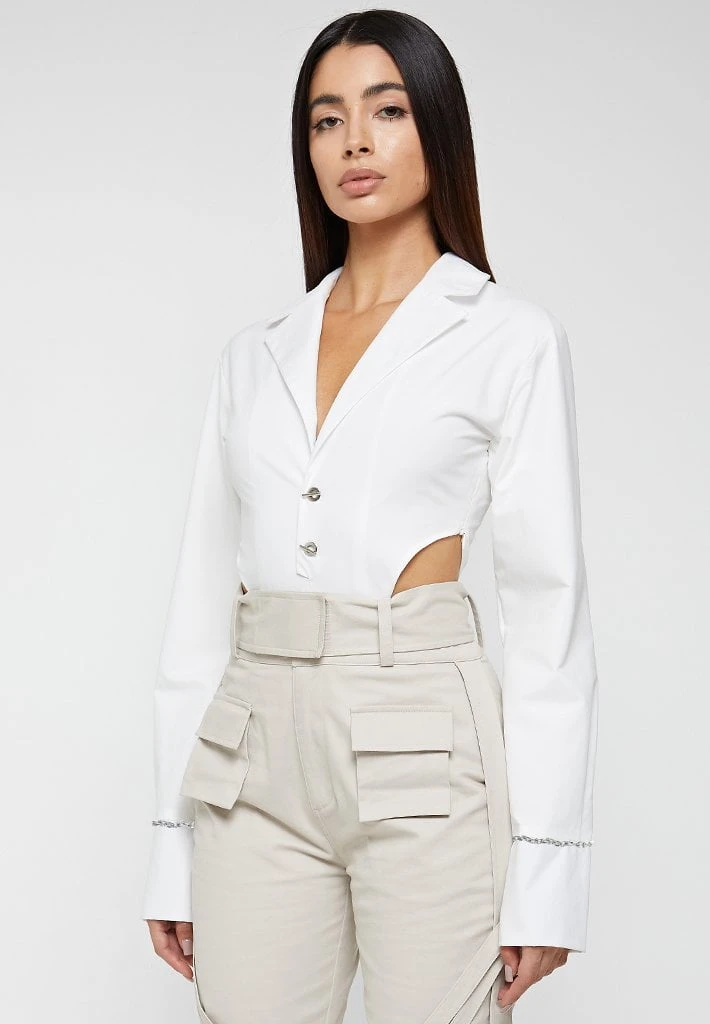 Woman Tops High Leg Blazer Bodysuit - White BODYSUITS