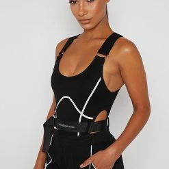 Woman Tops High Leg Reflective Bodysuit - Black