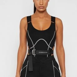 Woman Tops High Leg Reflective Bodysuit - Black