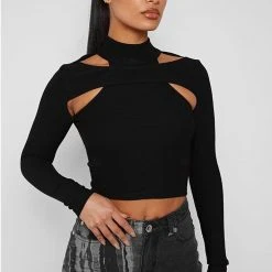 Woman Tops High Neck Ribbed Crop Top - Black