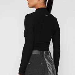 Woman Tops High Neck Ribbed Crop Top - Black