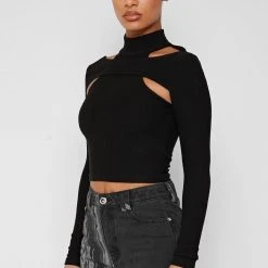 Woman Tops High Neck Ribbed Crop Top - Black