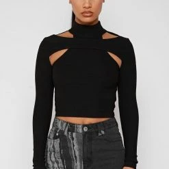 Woman Tops High Neck Ribbed Crop Top - Black