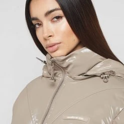 Woman Coats High Shine Puffer Jacket - Beige OUTERWEAR