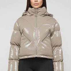 Woman Coats High Shine Puffer Jacket - Beige OUTERWEAR