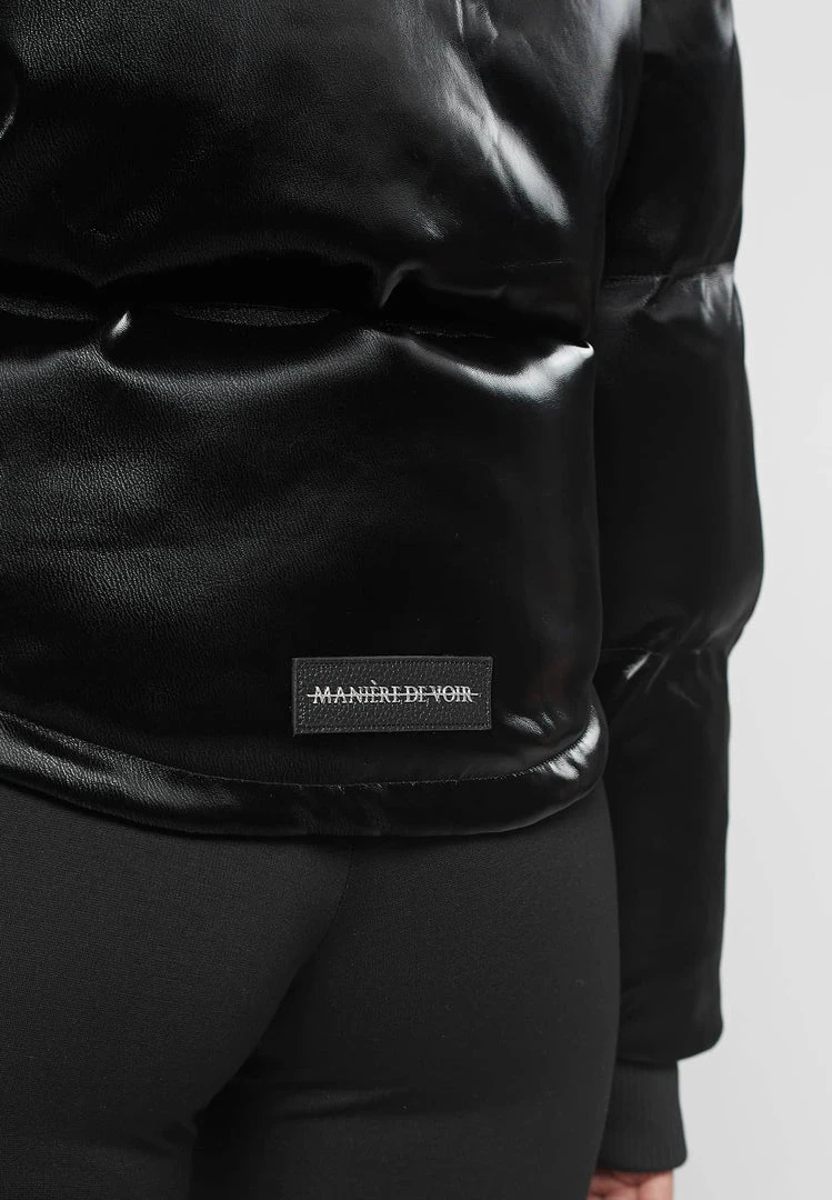 Woman Coats High Shine Velvet Panel Puffer Jacket - Black OUTERWEAR