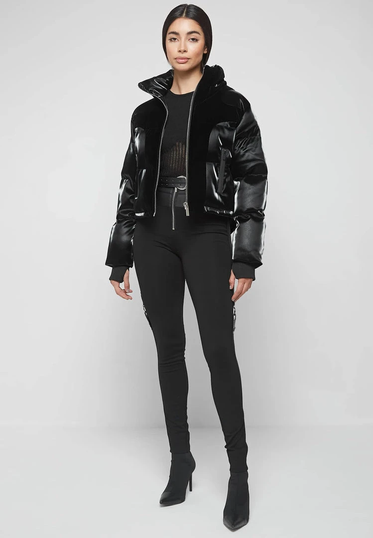 Woman Coats High Shine Velvet Panel Puffer Jacket - Black OUTERWEAR