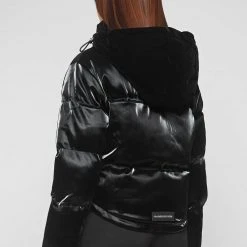 Woman Coats High Shine Velvet Panel Puffer Jacket - Black OUTERWEAR