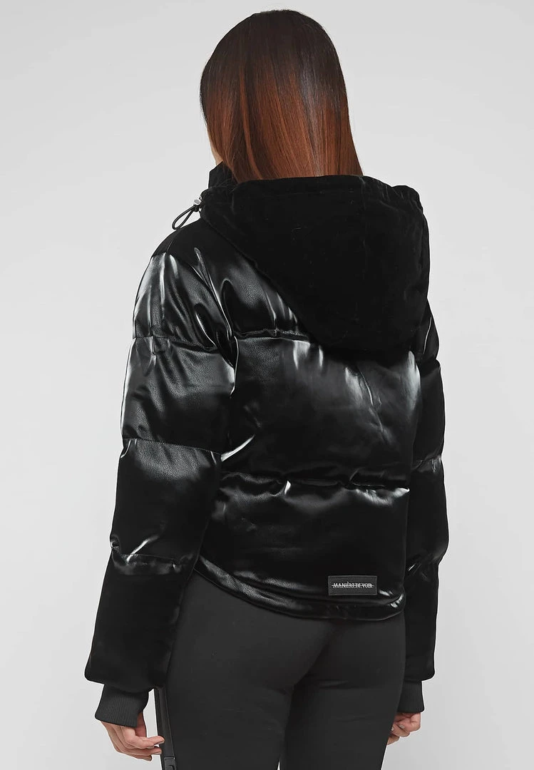 Woman Coats High Shine Velvet Panel Puffer Jacket - Black OUTERWEAR