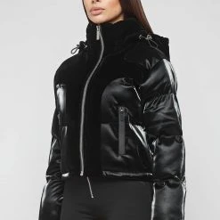 Woman Coats High Shine Velvet Panel Puffer Jacket - Black OUTERWEAR