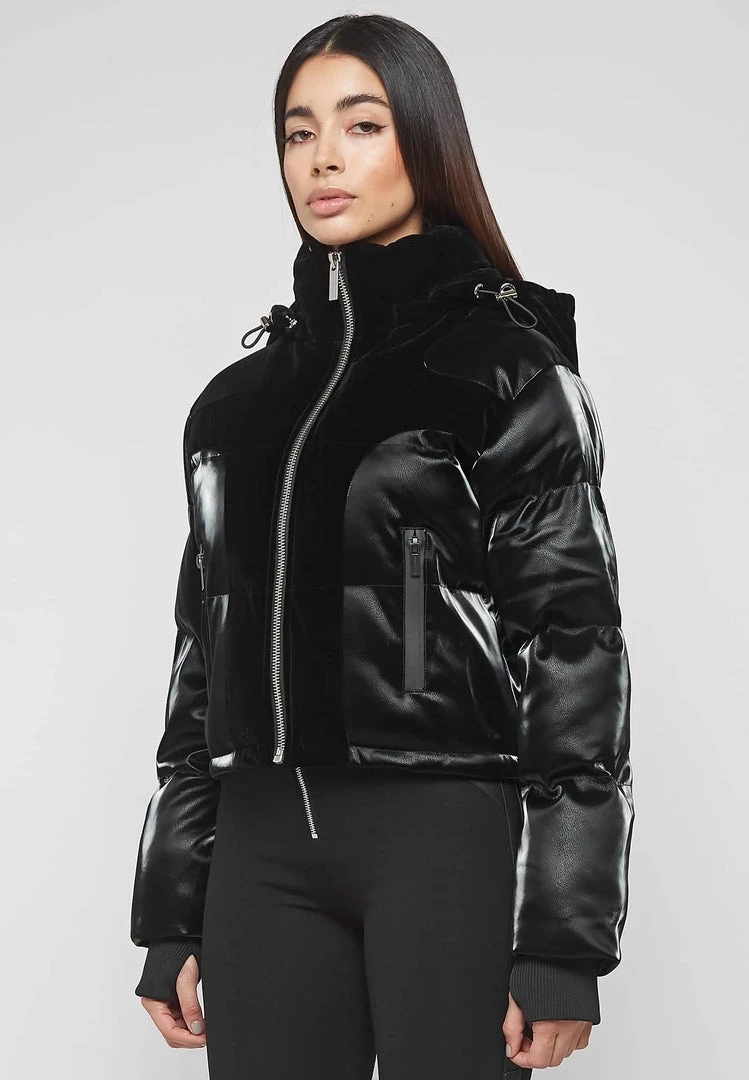 Woman Coats High Shine Velvet Panel Puffer Jacket - Black OUTERWEAR