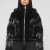 Woman Coats High Shine Velvet Panel Puffer Jacket - Black OUTERWEAR