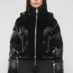 Woman Coats High Shine Velvet Panel Puffer Jacket - Black OUTERWEAR
