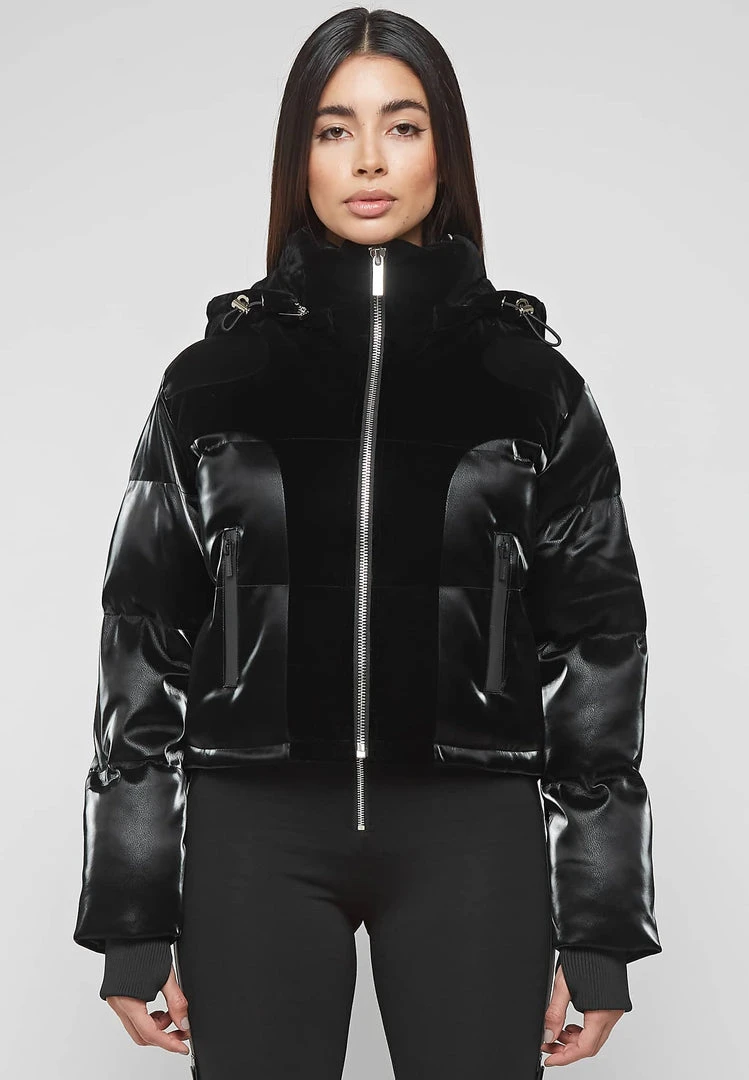 Woman Coats High Shine Velvet Panel Puffer Jacket - Black OUTERWEAR