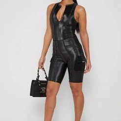 Woman Tops Racer Neck High Shine Bodysuit - Black