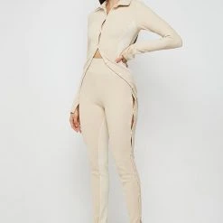 Woman Leggings High Waisted Ribbed Cut Out Leggings - Beige