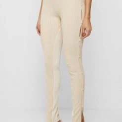 Woman Leggings High Waisted Ribbed Cut Out Leggings - Beige