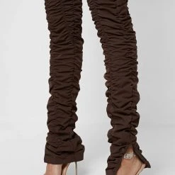 Woman Leggings High Waisted Ruched Leggings - Chocolate Brown