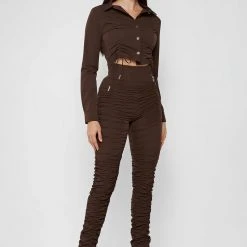 Woman Leggings High Waisted Ruched Leggings - Chocolate Brown