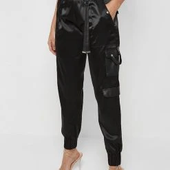 Woman Trousers High Waisted Satin Cargo Trousers - Black CARGO PANTS & JOGGERS