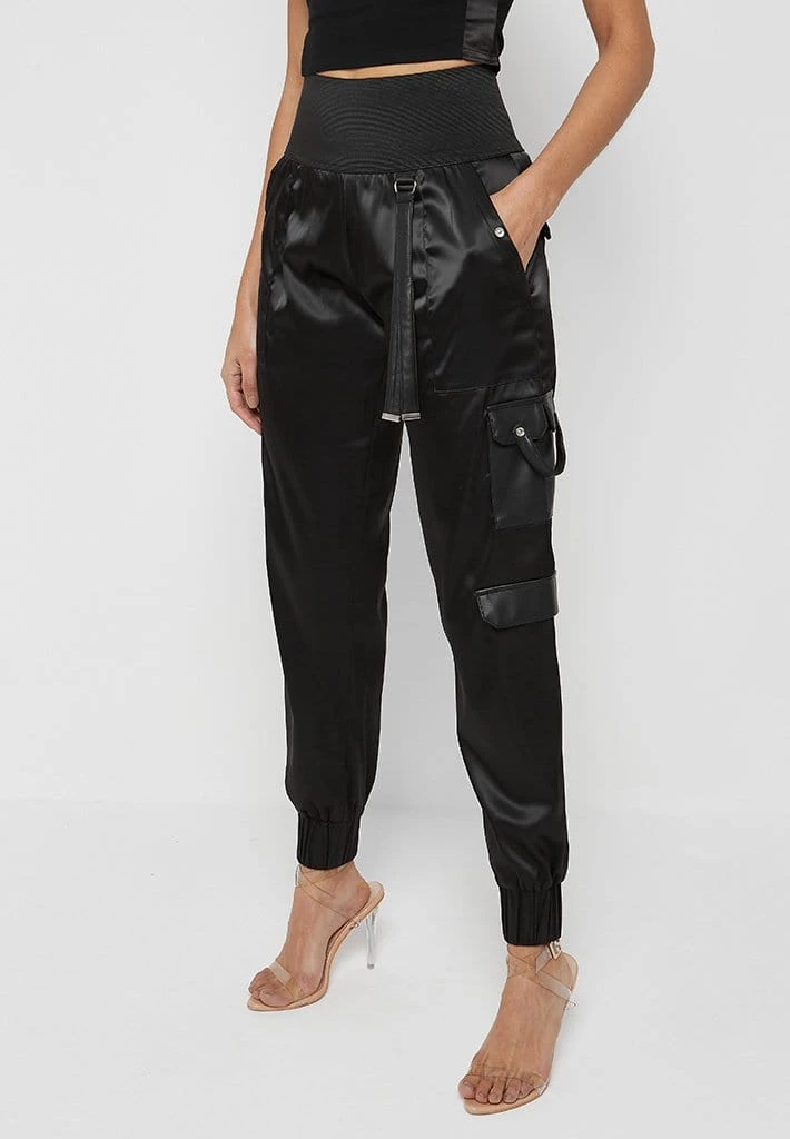Woman Trousers High Waisted Satin Cargo Trousers - Black CARGO PANTS & JOGGERS