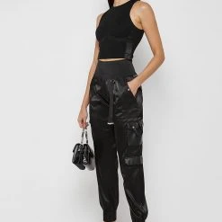 Woman Trousers High Waisted Satin Cargo Trousers - Black CARGO PANTS & JOGGERS