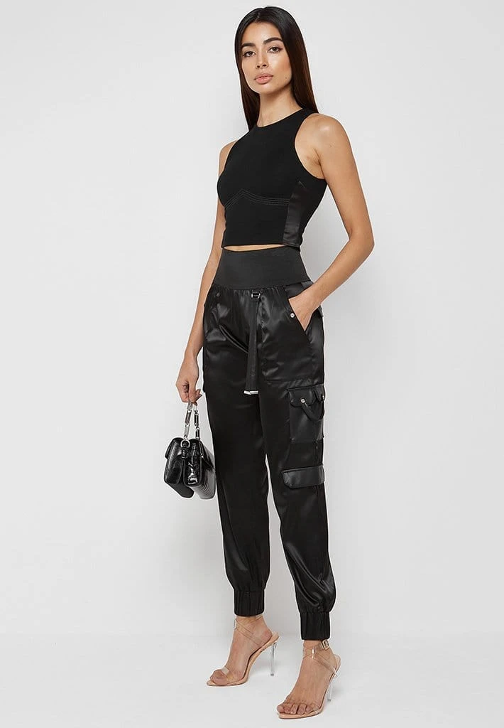 Woman Trousers High Waisted Satin Cargo Trousers - Black CARGO PANTS & JOGGERS