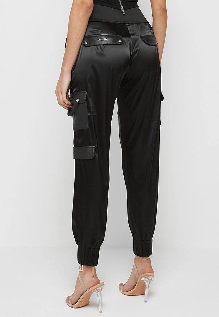 Woman Trousers High Waisted Satin Cargo Trousers - Black CARGO PANTS & JOGGERS