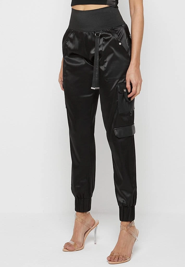 Woman Trousers High Waisted Satin Cargo Trousers - Black CARGO PANTS & JOGGERS
