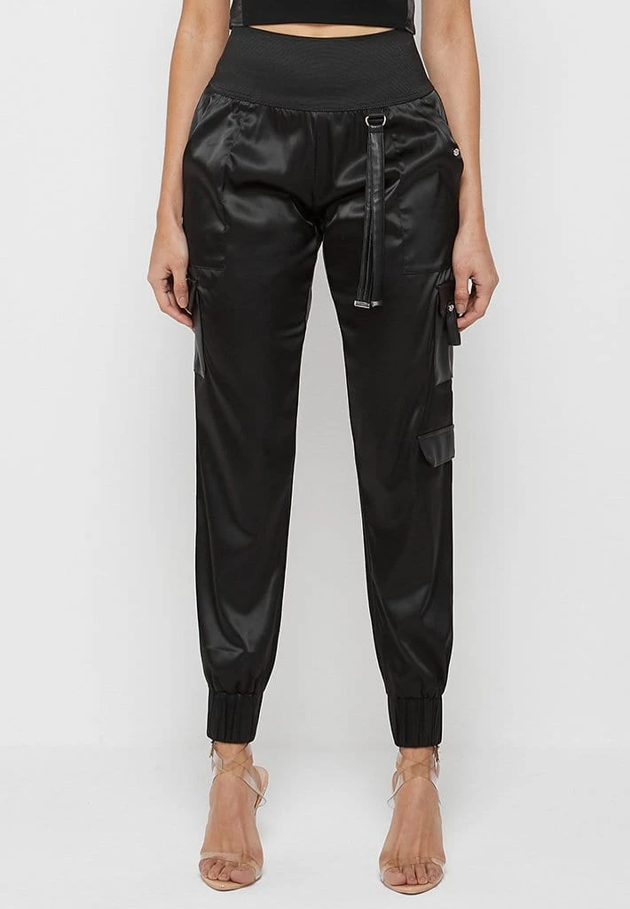 Woman Trousers High Waisted Satin Cargo Trousers - Black CARGO PANTS & JOGGERS