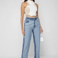 Woman Denim Distressed Mom Jeans - Mid Blue
