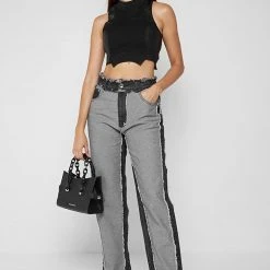 Woman Denim Distressed Mom Jeans - Washed Black