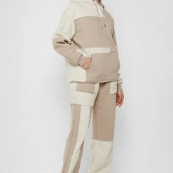Woman Tracksuits Jersey & Borg Patchwork Hoodie - Beige/White