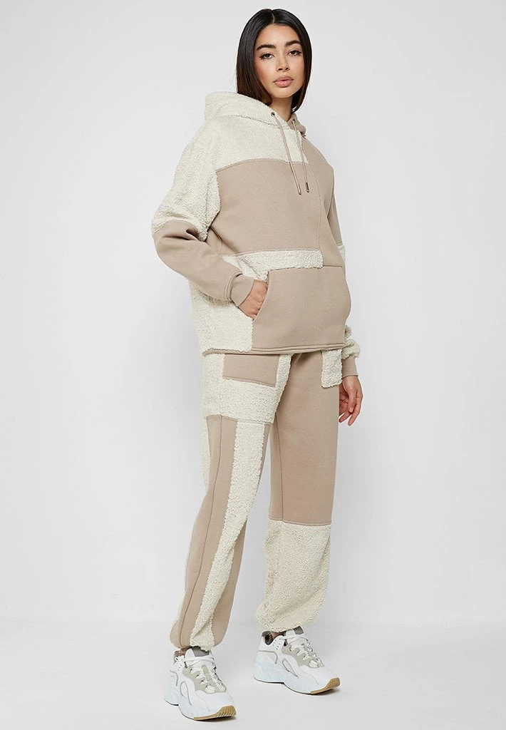 Woman Tracksuits Jersey & Borg Patchwork Hoodie - Beige/White