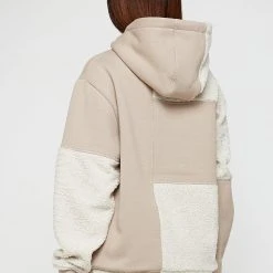 Woman Tracksuits Jersey & Borg Patchwork Hoodie - Beige/White
