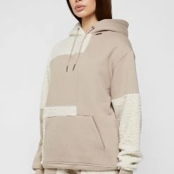 Woman Tracksuits Jersey & Borg Patchwork Hoodie - Beige/White